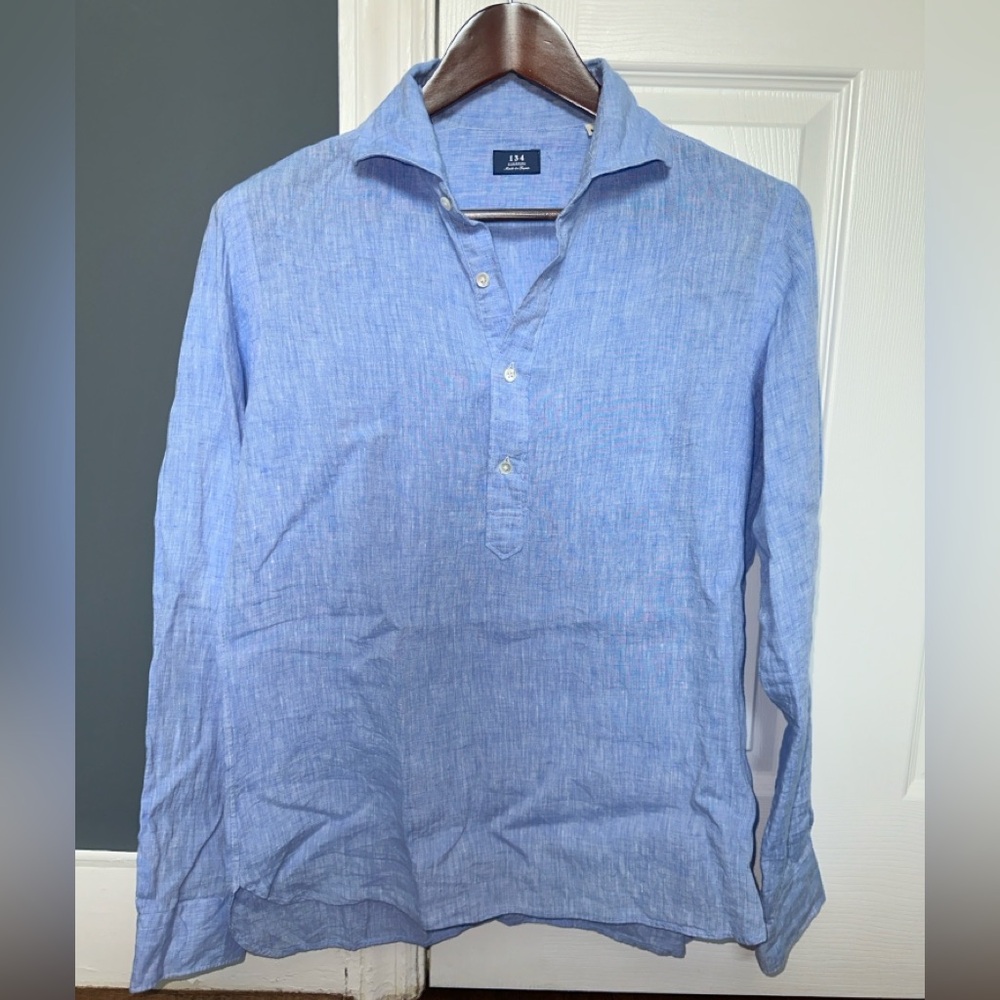 Blue Linen Kamakura Popover Shirt, Slim Fit